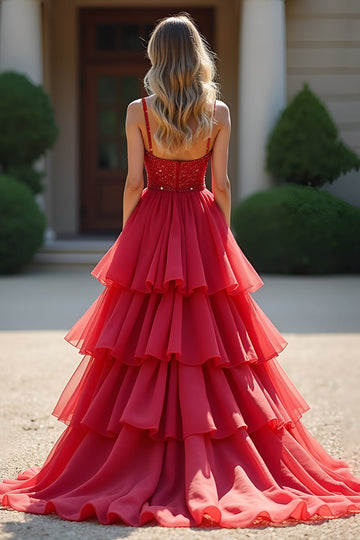 Robe de bal rouge scintillant Deep V Ruffles Tulle Robe de bal longue avec perles
